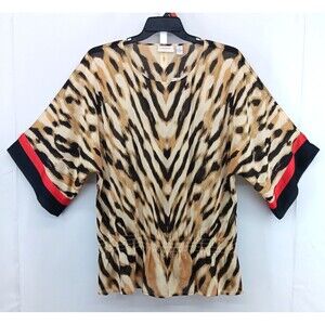 Chicos Blouse Women Size 3 Brown Zebra Print 3/4 Sleeve Lightweight Sheer Top